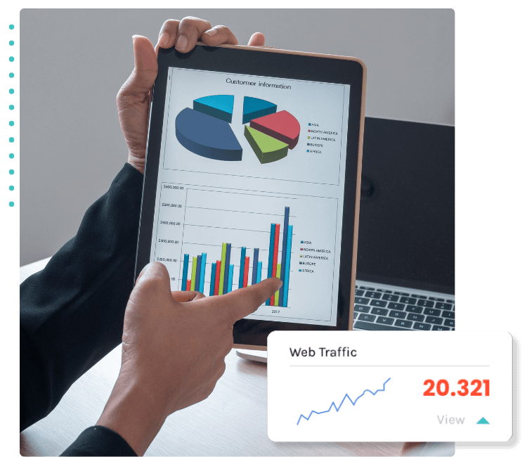 A person analyzing web traffic data on a tablet, displaying various graphs and metrics for performance evaluation.