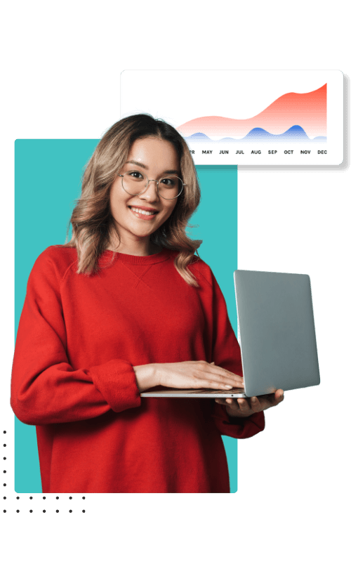 A woman holding a laptop displaying a graph, illustrating data analysis or business performance.
