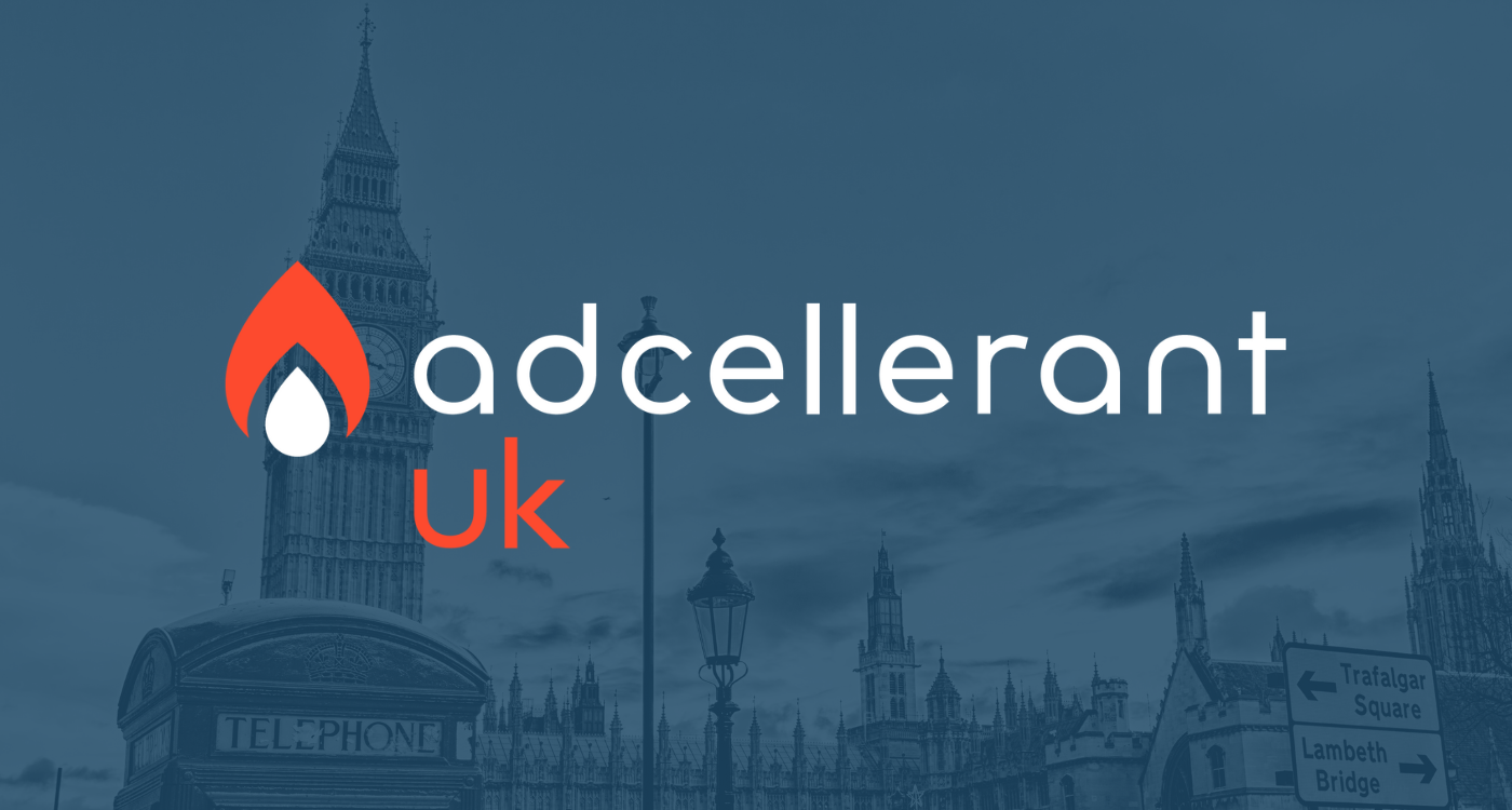 AdCellerant UK logo with Big Ben and a classic London telephone booth in the background